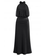 Graceful Halter Neck Chiffon Spliced Satin Dress in Black