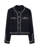 Contrast Braid Buttoned Knit Cardigan in Black