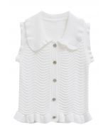 Ruffle Edge Wavy Pointelle Knit Top in White