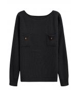 Buttons Decorated Pocket Waffle Knit Sweater in Black