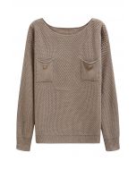 Buttons Decorated Pocket Waffle Knit Sweater in Khaki