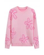 Floral Sketch Pattern Jacquard Knit Sweater in Pink