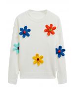 Colorful 3D Stitch Flower Knit Sweater in White