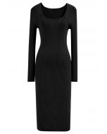 Square Neck Split Hem Knit Dress in Black