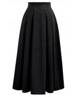 Chic Pleats Faux Leather Midi Skirt in Black