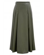 Side Belt Faux Leather Pleated Midi Skirt in Army Green