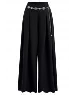 Chain-Embellished Pleated Palazzo Pants in Black