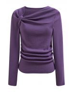 Side Knot Ruched Long-Sleeve Knit Top in Purple