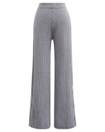 Buttoned Hem Ribbed Knit Pants in Grey