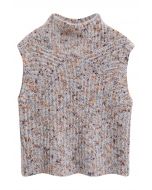 Fuzzy Mix-Knit Mock Neck Sleeveless Top in Oatmeal