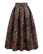 Cheerful Daisy Field Jacquard Pleated Midi Skirt in Black