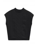 Mock Neck Padded Shoulder Cable Knit Top in Black