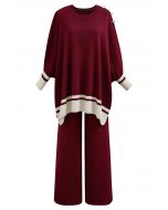 Contrast Detail Knit Poncho and Pants Set in Burgundy