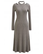 Cutout Neckline Ribbed Knit Midi Dress in Taupe