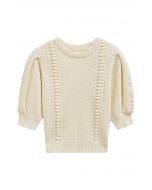 Embossed Texture Puff Sleeve Knit Sweater in Light Yellow