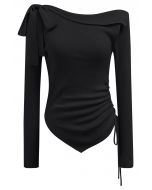 Side Bowknot Decor Drawstring Waist Knit Top in Black