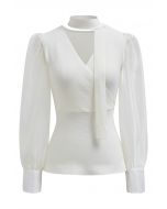 Sheer Sleeves Spliced Knit Top with Scarf in White