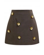 3D Golden Flower Embellished Mini Skirt in Brown