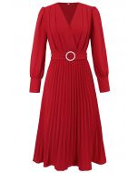 Graceful Pleats Faux-Wrap Belted Midi Dress in Red