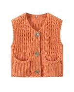 Bold Golden Buttons Patch Pocket Chunky Knit Vest in Orange