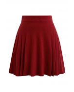 Side Pleats Knit Mini Skirt in Red