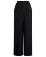 Asymmetric Flap Buttoned Straight-Leg Pants in Black