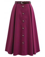 Vintage-Inspired Button Trim Pleated Midi Skirt in Berry