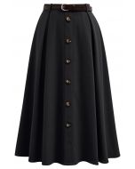 Vintage-Inspired Button Trim Pleated Midi Skirt in Black