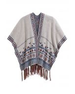 Boho Wanderer Fringed Knit Poncho in Ivory