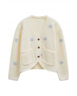 Endearing Stitch Flower Waffle Knit Cardigan in Cream