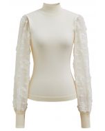 Rose Cotton Candy Spliced Sleeves Knit Top in Cream