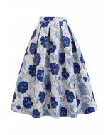 Ornate Floral Jacquard Pleated Flare Midi Skirt in Indigo