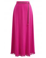 Chain Belt Fringe Hem Knit Maxi Skirt in Hot Pink