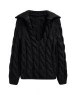 Collared V-Neck Chunky Cable-Knit Sweater in Black