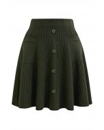 Patch Pockets Button Trim Knit Mini Skirt in Army Green