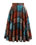 Color Block Checked Pattern Flare Midi Skirt