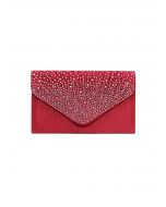 Rhinestone Embellished Satin Envelope Bag in Red