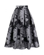 Enticing Floral Jacquard Pleated Organza Midi Skirt in Silver