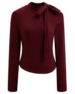 Side Bowknot Neckline Long-Sleeve Top in Burgundy