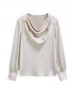 Pearly Butterfly Feather Trim Cowl Neck Top in Champagne