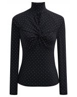 Shimmer Dotted Twist Front Cutout Mock Neck Top in Black