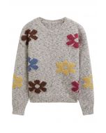 Multicolored Floral Pattern Fuzzy Knit Sweater in Oatmeal