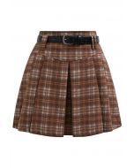 Pretty Plaid Box Pleat Belted Mini Skirt in Rust