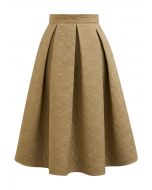 Graceful Silhouette Rose Embossed Pleats Midi Skirt in Gold