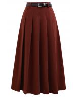 All Seasons Belted Pleated Midi Skirt in Red