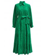 Delicate Eyelet Embroidery Tie-Waist Buttoned Midi Dress in Green