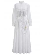 Floral Eyelet Embroidery Tassel String Buttoned Maxi Dress in White