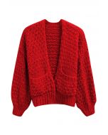 Chunky Hand Knit Patch Pocket Open Front Cardigan in Red