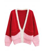 Color Blocked Hand-Knit Chunky Cardigan in Red