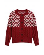 Festive Geometric Button Down Knit Cardigan in Red